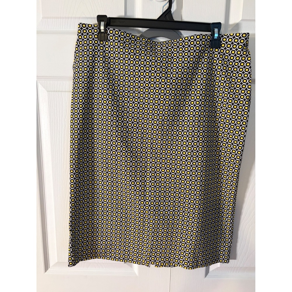 Linda Matthews Women Large Black Yellow Geometric Print Stretch Pencil Skirt
